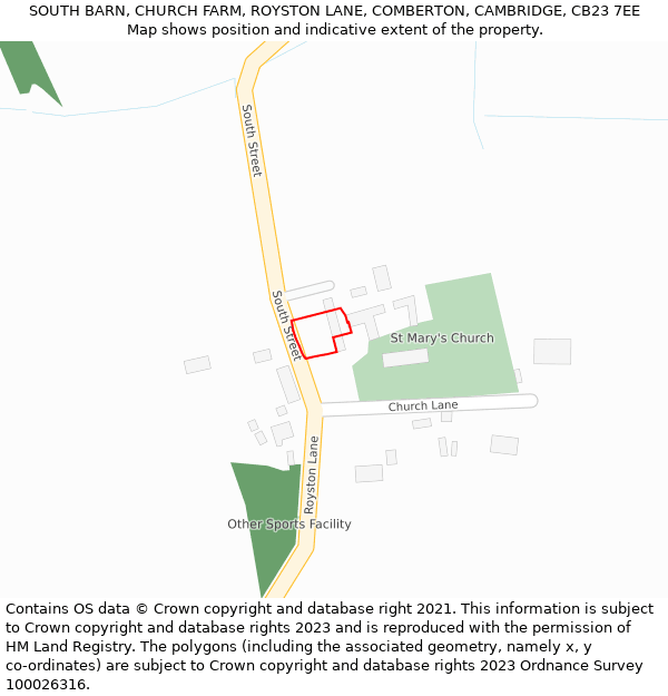 SOUTH BARN, CHURCH FARM, ROYSTON LANE, COMBERTON, CAMBRIDGE, CB23 7EE: Location map and indicative extent of plot