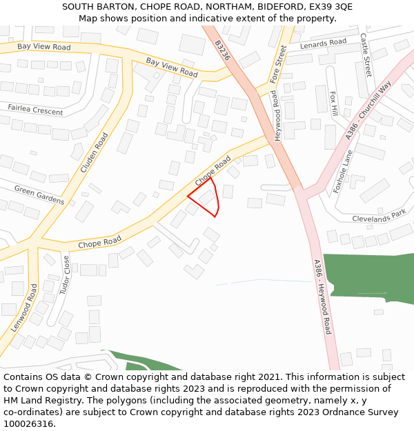 SOUTH BARTON, CHOPE ROAD, NORTHAM, BIDEFORD, EX39 3QE: Location map and indicative extent of plot