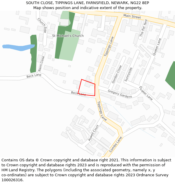 SOUTH CLOSE, TIPPINGS LANE, FARNSFIELD, NEWARK, NG22 8EP: Location map and indicative extent of plot