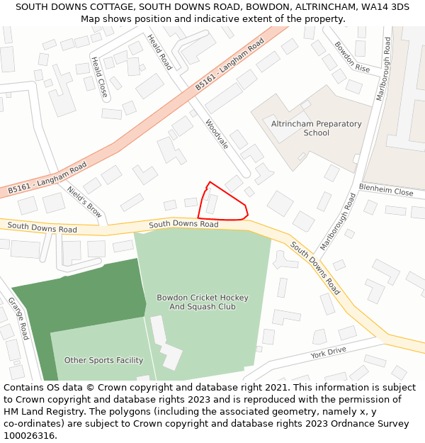 SOUTH DOWNS COTTAGE, SOUTH DOWNS ROAD, BOWDON, ALTRINCHAM, WA14 3DS: Location map and indicative extent of plot