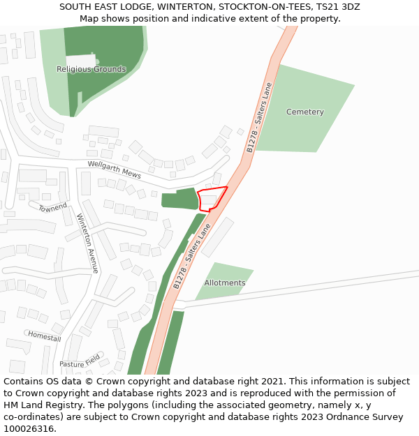 SOUTH EAST LODGE, WINTERTON, STOCKTON-ON-TEES, TS21 3DZ: Location map and indicative extent of plot