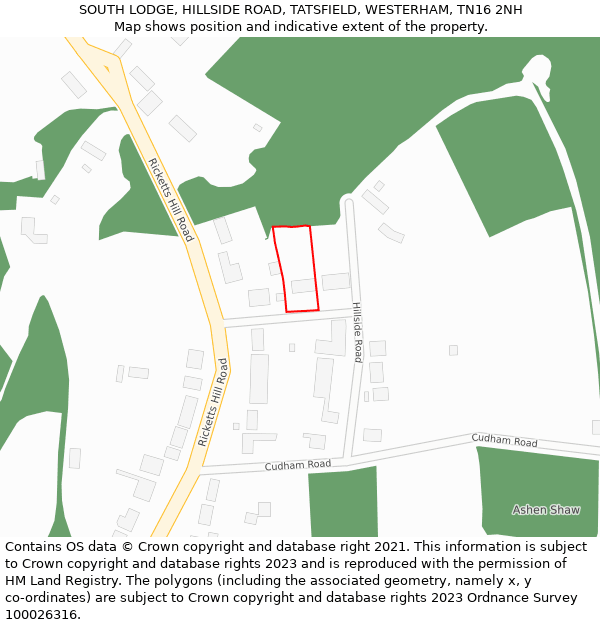 SOUTH LODGE, HILLSIDE ROAD, TATSFIELD, WESTERHAM, TN16 2NH: Location map and indicative extent of plot
