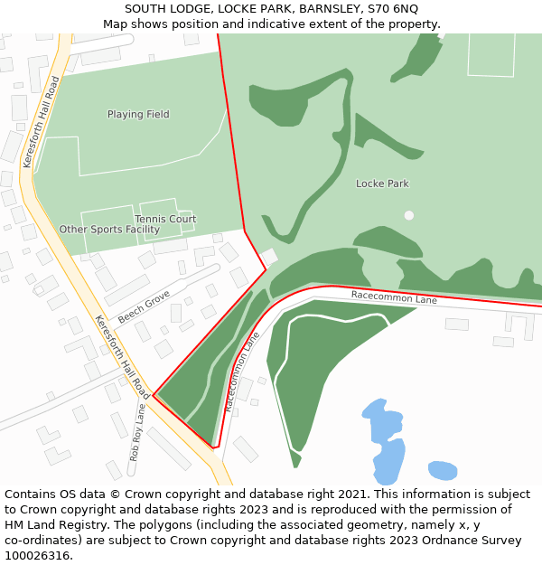 SOUTH LODGE, LOCKE PARK, BARNSLEY, S70 6NQ: Location map and indicative extent of plot