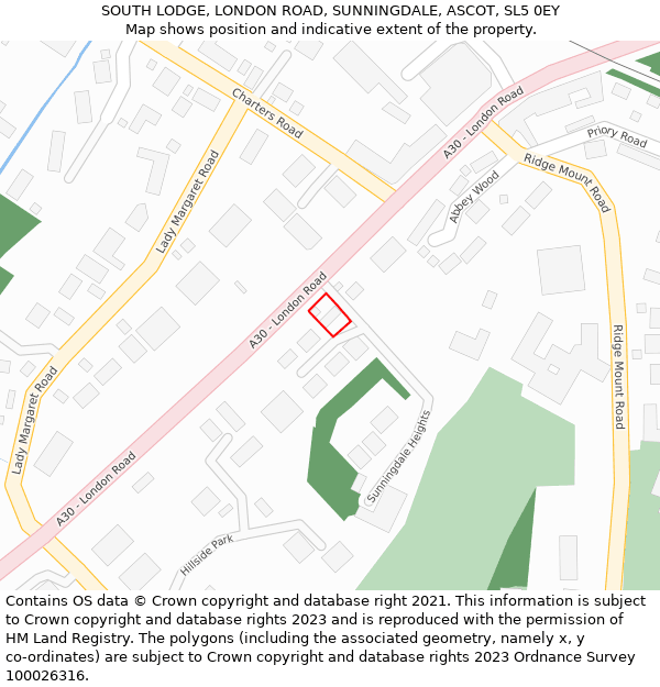 SOUTH LODGE, LONDON ROAD, SUNNINGDALE, ASCOT, SL5 0EY: Location map and indicative extent of plot