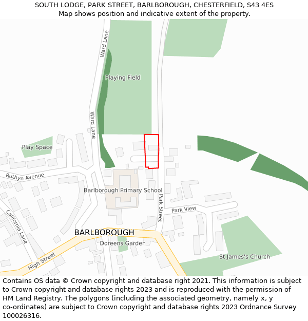 SOUTH LODGE, PARK STREET, BARLBOROUGH, CHESTERFIELD, S43 4ES: Location map and indicative extent of plot