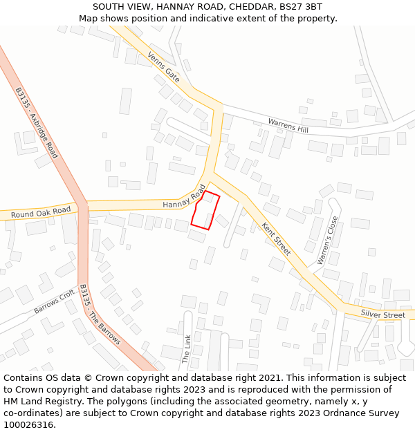 SOUTH VIEW, HANNAY ROAD, CHEDDAR, BS27 3BT: Location map and indicative extent of plot