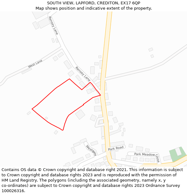SOUTH VIEW, LAPFORD, CREDITON, EX17 6QP: Location map and indicative extent of plot