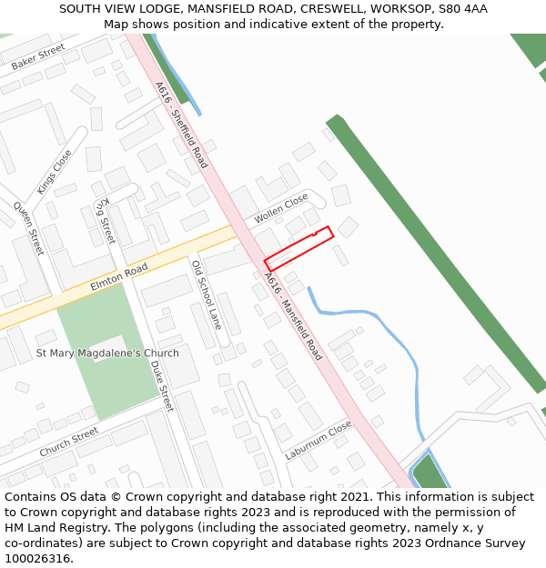 SOUTH VIEW LODGE, MANSFIELD ROAD, CRESWELL, WORKSOP, S80 4AA: Location map and indicative extent of plot