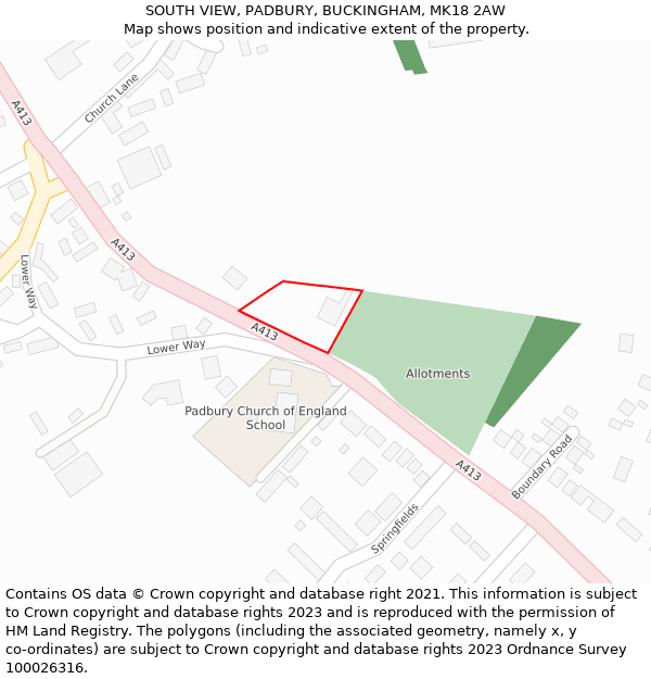 SOUTH VIEW, PADBURY, BUCKINGHAM, MK18 2AW: Location map and indicative extent of plot
