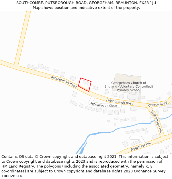 SOUTHCOMBE, PUTSBOROUGH ROAD, GEORGEHAM, BRAUNTON, EX33 1JU: Location map and indicative extent of plot