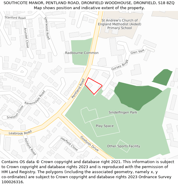 SOUTHCOTE MANOR, PENTLAND ROAD, DRONFIELD WOODHOUSE, DRONFIELD, S18 8ZQ: Location map and indicative extent of plot