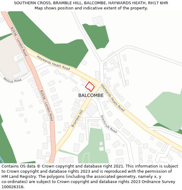 SOUTHERN CROSS, BRAMBLE HILL, BALCOMBE, HAYWARDS HEATH, RH17 6HR: Location map and indicative extent of plot