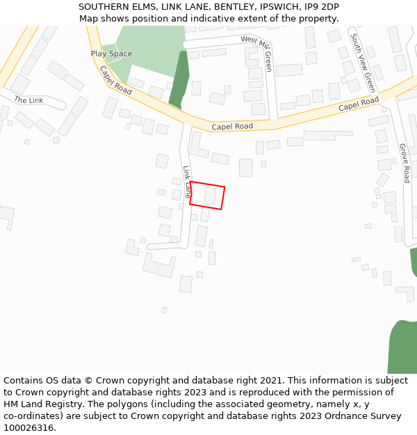 SOUTHERN ELMS, LINK LANE, BENTLEY, IPSWICH, IP9 2DP: Location map and indicative extent of plot