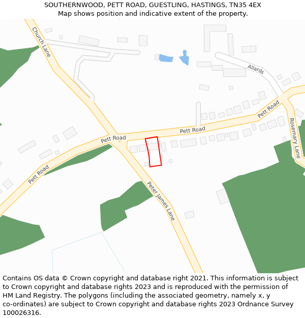 SOUTHERNWOOD, PETT ROAD, GUESTLING, HASTINGS, TN35 4EX: Location map and indicative extent of plot