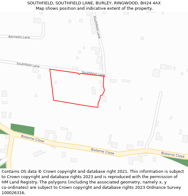 SOUTHFIELD, SOUTHFIELD LANE, BURLEY, RINGWOOD, BH24 4AX: Location map and indicative extent of plot