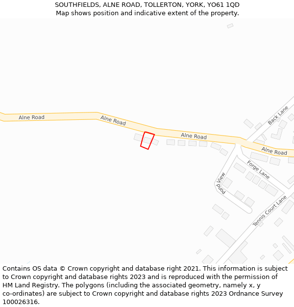 SOUTHFIELDS, ALNE ROAD, TOLLERTON, YORK, YO61 1QD: Location map and indicative extent of plot