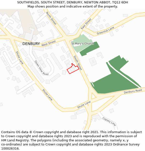 SOUTHFIELDS, SOUTH STREET, DENBURY, NEWTON ABBOT, TQ12 6DH: Location map and indicative extent of plot