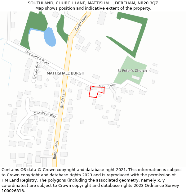 SOUTHLAND, CHURCH LANE, MATTISHALL, DEREHAM, NR20 3QZ: Location map and indicative extent of plot