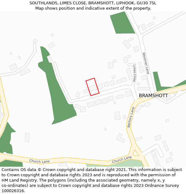 SOUTHLANDS, LIMES CLOSE, BRAMSHOTT, LIPHOOK, GU30 7SL: Location map and indicative extent of plot