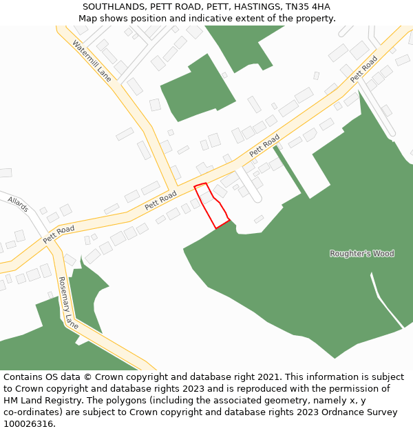 SOUTHLANDS, PETT ROAD, PETT, HASTINGS, TN35 4HA: Location map and indicative extent of plot