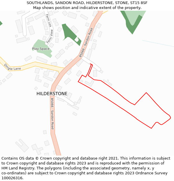 SOUTHLANDS, SANDON ROAD, HILDERSTONE, STONE, ST15 8SF: Location map and indicative extent of plot