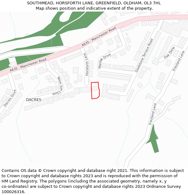 SOUTHMEAD, HORSFORTH LANE, GREENFIELD, OLDHAM, OL3 7HL: Location map and indicative extent of plot
