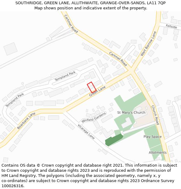 SOUTHRIDGE, GREEN LANE, ALLITHWAITE, GRANGE-OVER-SANDS, LA11 7QP: Location map and indicative extent of plot