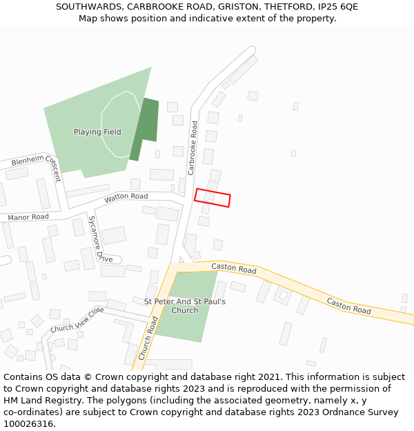 SOUTHWARDS, CARBROOKE ROAD, GRISTON, THETFORD, IP25 6QE: Location map and indicative extent of plot