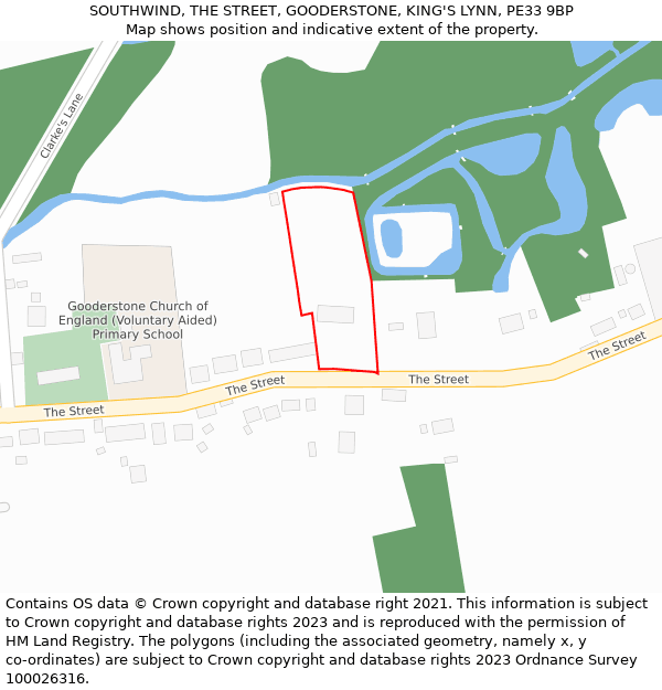 SOUTHWIND, THE STREET, GOODERSTONE, KING'S LYNN, PE33 9BP: Location map and indicative extent of plot