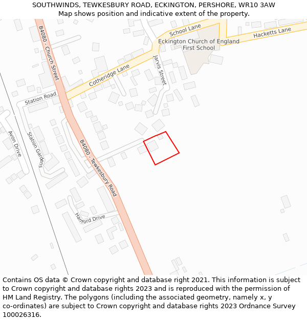 SOUTHWINDS, TEWKESBURY ROAD, ECKINGTON, PERSHORE, WR10 3AW: Location map and indicative extent of plot