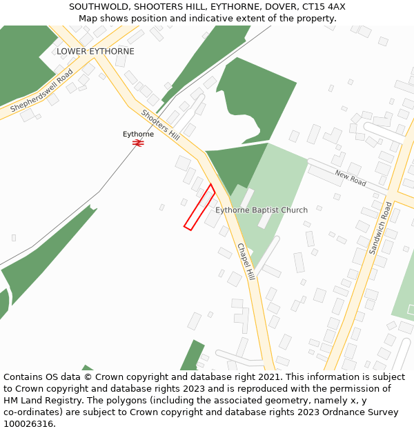 SOUTHWOLD, SHOOTERS HILL, EYTHORNE, DOVER, CT15 4AX: Location map and indicative extent of plot