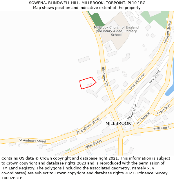 SOWENA, BLINDWELL HILL, MILLBROOK, TORPOINT, PL10 1BG: Location map and indicative extent of plot