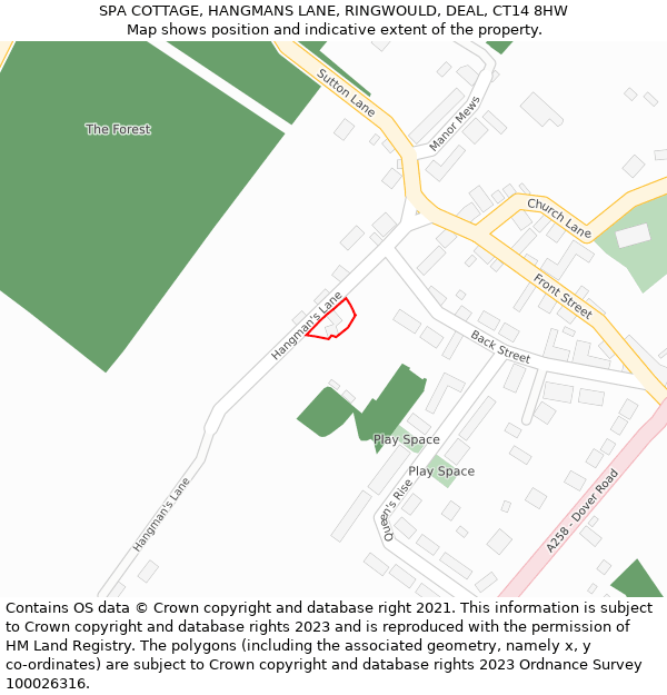 SPA COTTAGE, HANGMANS LANE, RINGWOULD, DEAL, CT14 8HW: Location map and indicative extent of plot