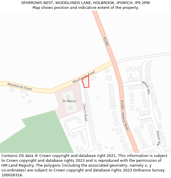 SPARROWS NEST, WOODLANDS LANE, HOLBROOK, IPSWICH, IP9 2PW: Location map and indicative extent of plot