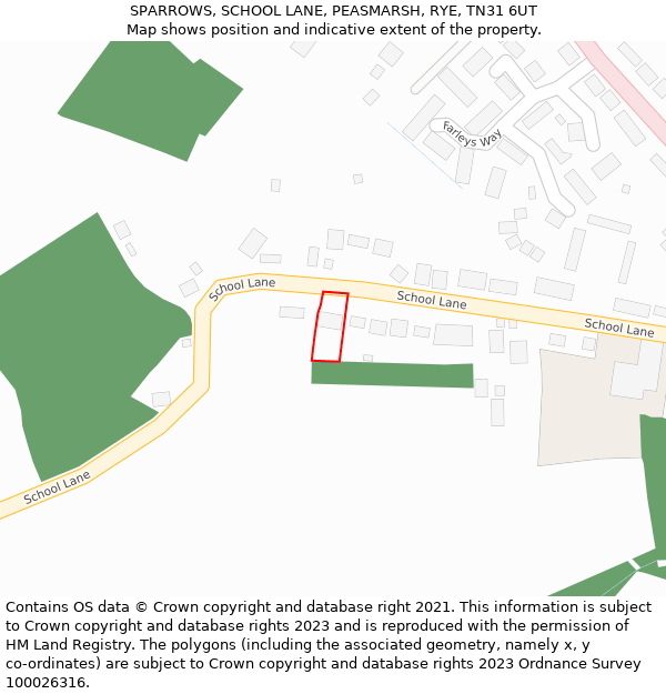 SPARROWS, SCHOOL LANE, PEASMARSH, RYE, TN31 6UT: Location map and indicative extent of plot