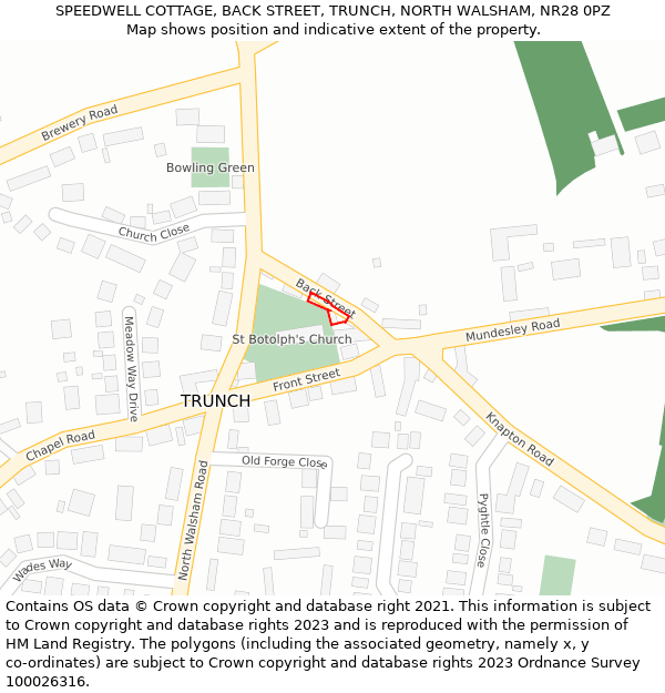 SPEEDWELL COTTAGE, BACK STREET, TRUNCH, NORTH WALSHAM, NR28 0PZ: Location map and indicative extent of plot