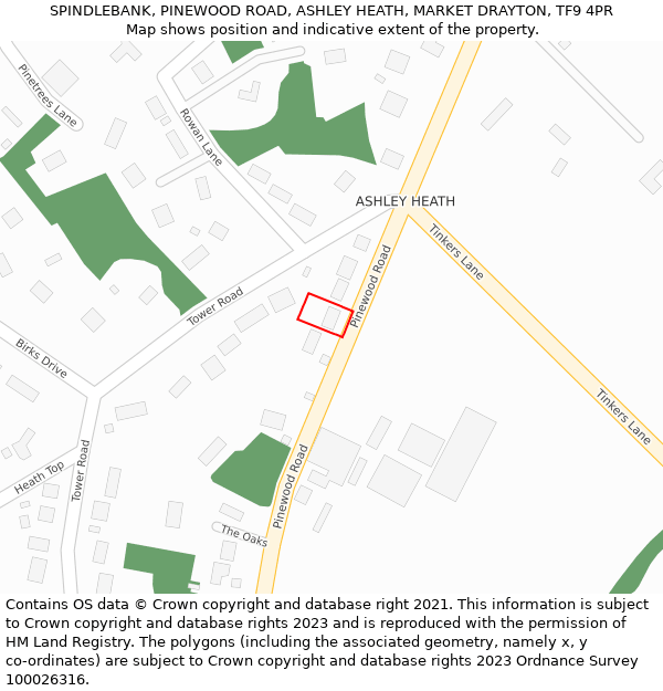 SPINDLEBANK, PINEWOOD ROAD, ASHLEY HEATH, MARKET DRAYTON, TF9 4PR: Location map and indicative extent of plot