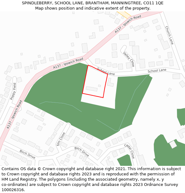 SPINDLEBERRY, SCHOOL LANE, BRANTHAM, MANNINGTREE, CO11 1QE: Location map and indicative extent of plot