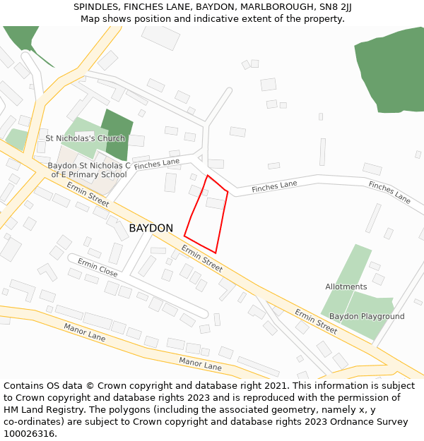 SPINDLES, FINCHES LANE, BAYDON, MARLBOROUGH, SN8 2JJ: Location map and indicative extent of plot