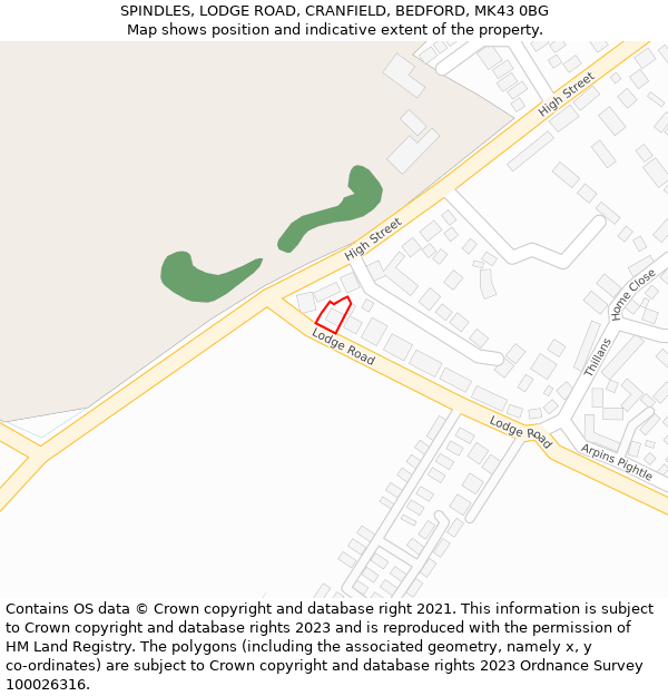 SPINDLES, LODGE ROAD, CRANFIELD, BEDFORD, MK43 0BG: Location map and indicative extent of plot