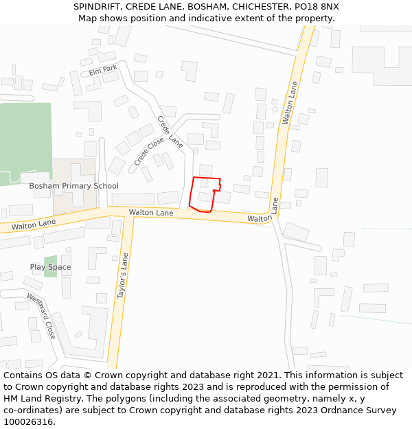 SPINDRIFT, CREDE LANE, BOSHAM, CHICHESTER, PO18 8NX: Location map and indicative extent of plot