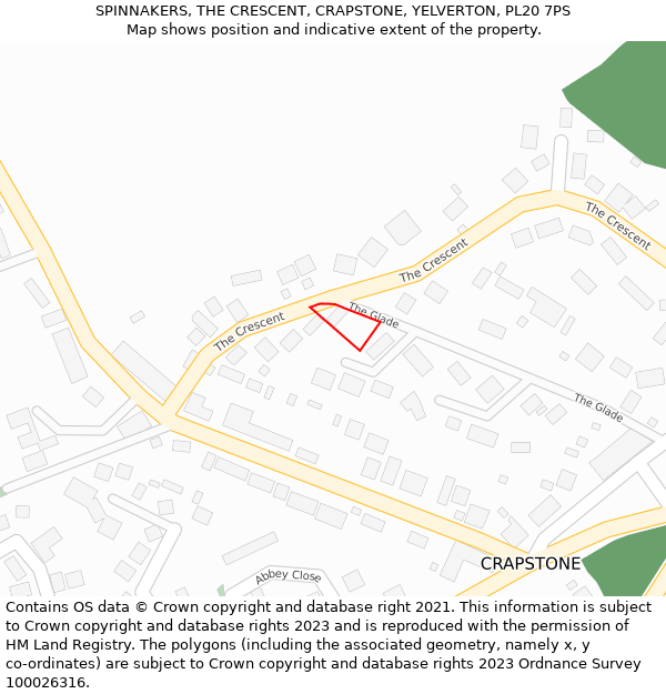 SPINNAKERS, THE CRESCENT, CRAPSTONE, YELVERTON, PL20 7PS: Location map and indicative extent of plot