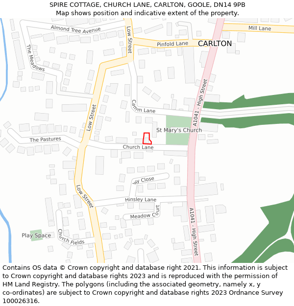 SPIRE COTTAGE, CHURCH LANE, CARLTON, GOOLE, DN14 9PB: Location map and indicative extent of plot