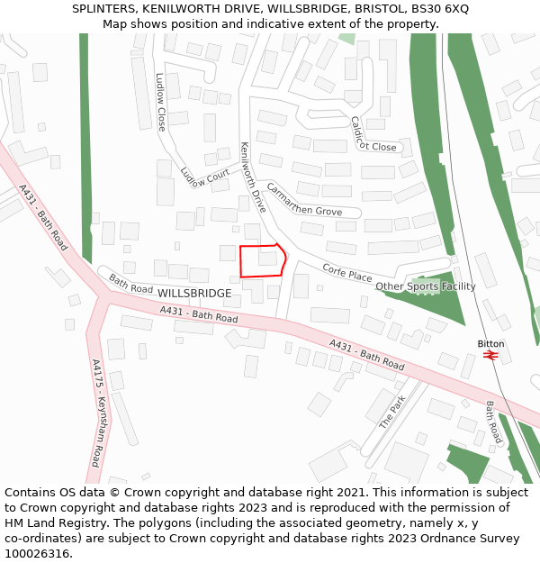 SPLINTERS, KENILWORTH DRIVE, WILLSBRIDGE, BRISTOL, BS30 6XQ: Location map and indicative extent of plot