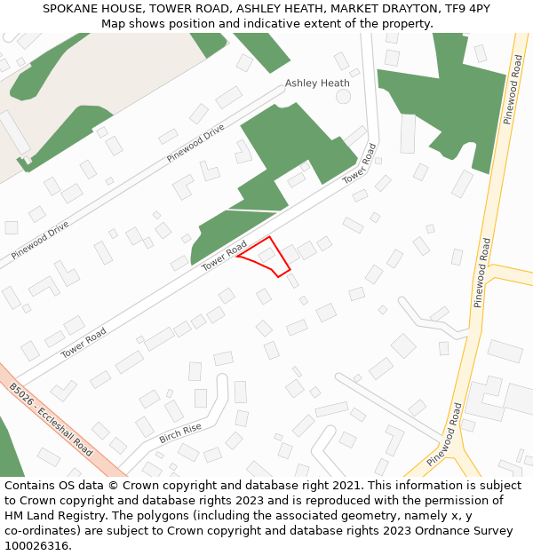 SPOKANE HOUSE, TOWER ROAD, ASHLEY HEATH, MARKET DRAYTON, TF9 4PY: Location map and indicative extent of plot