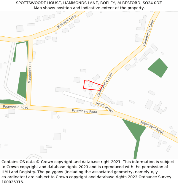 SPOTTSWOODE HOUSE, HAMMONDS LANE, ROPLEY, ALRESFORD, SO24 0DZ: Location map and indicative extent of plot