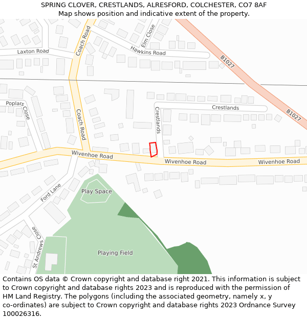 SPRING CLOVER, CRESTLANDS, ALRESFORD, COLCHESTER, CO7 8AF: Location map and indicative extent of plot