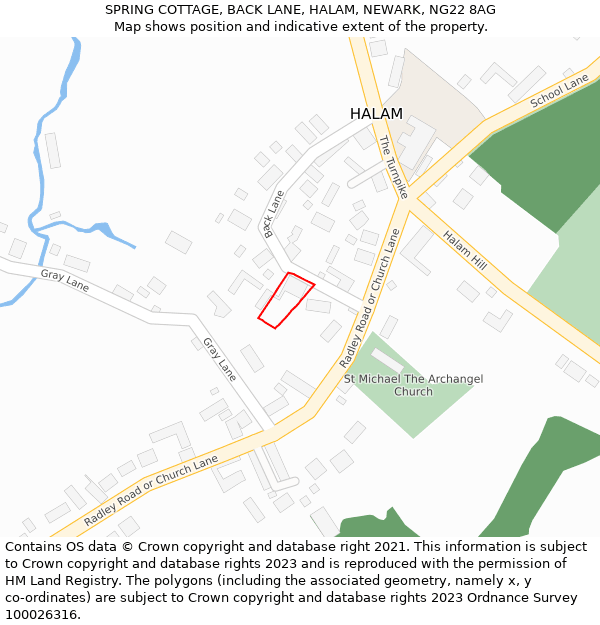 SPRING COTTAGE, BACK LANE, HALAM, NEWARK, NG22 8AG: Location map and indicative extent of plot