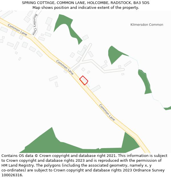 SPRING COTTAGE, COMMON LANE, HOLCOMBE, RADSTOCK, BA3 5DS: Location map and indicative extent of plot