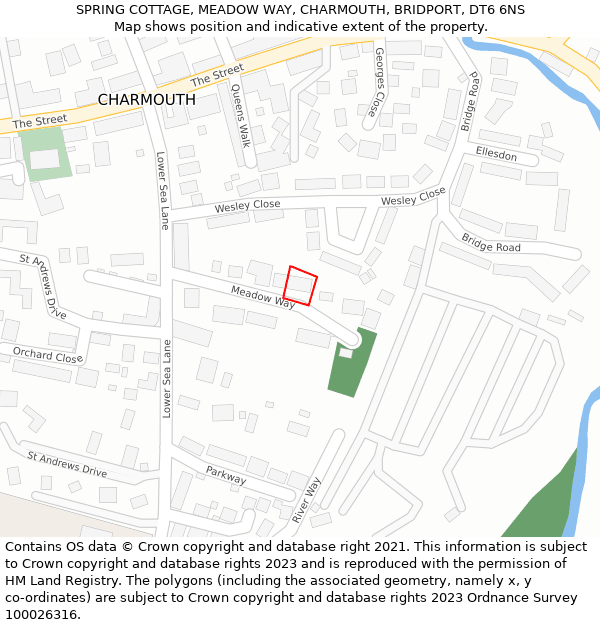 SPRING COTTAGE, MEADOW WAY, CHARMOUTH, BRIDPORT, DT6 6NS: Location map and indicative extent of plot